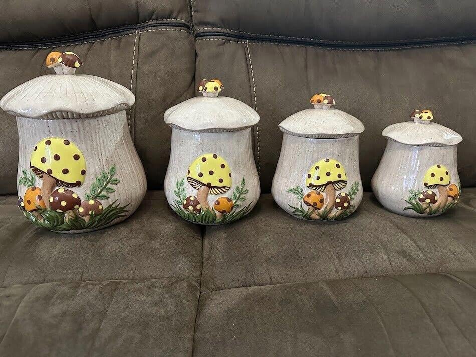 Vintage 1970s Ceramic Merry Mushroom ‍ Set Of 4 **NOT SEARS**