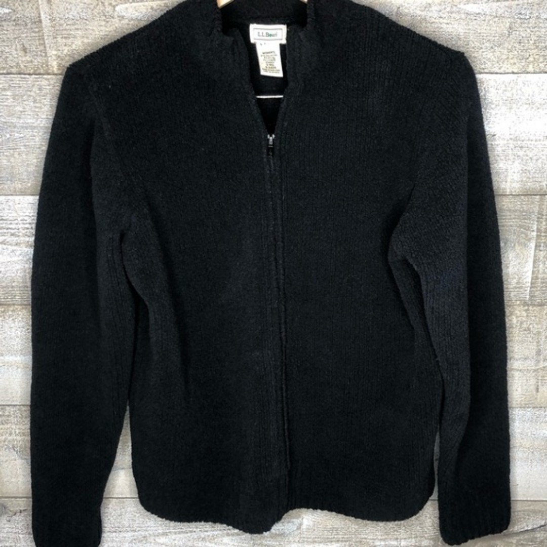 LL Bean small black zip up lycra fuzzy plush sweater