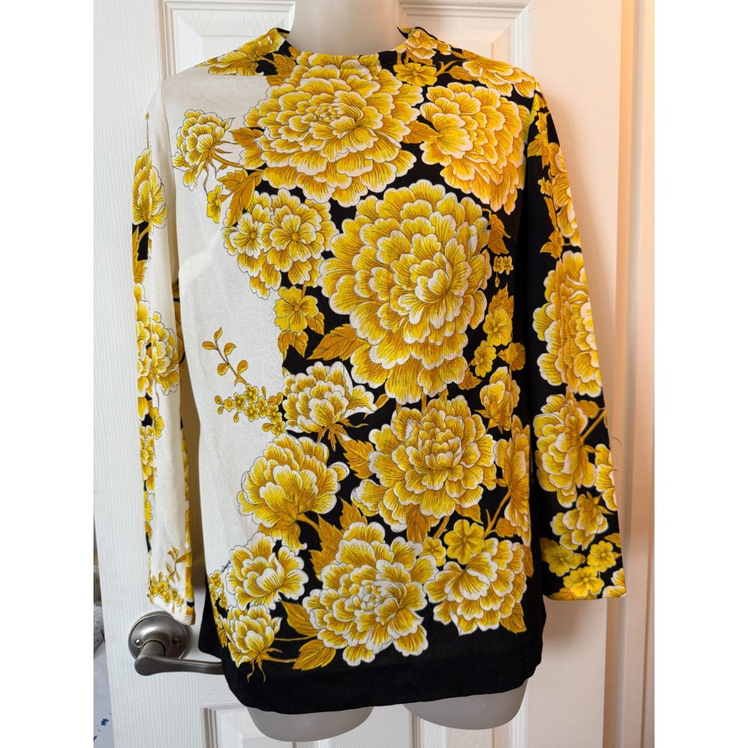 MR DINO RARE 70s Vintage Yellow Floral Mod Long Sleeve Zip Signed Blouse Size 10