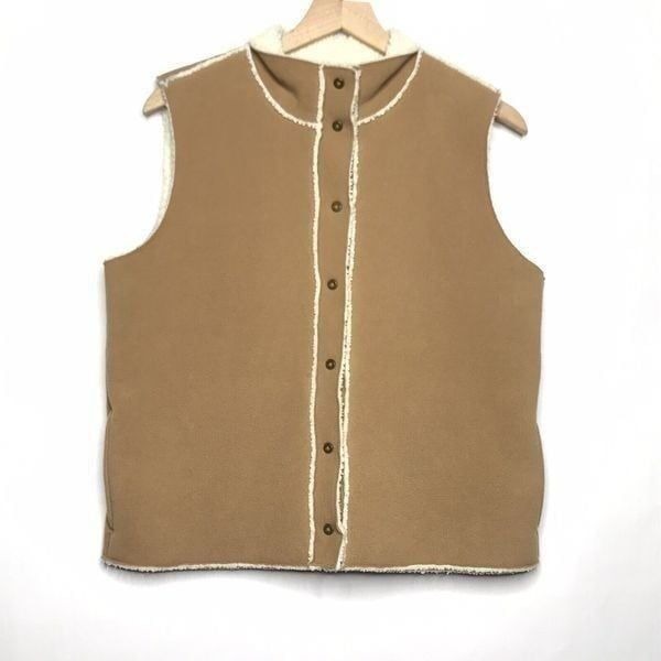 Ralph Lauren Fleece Vest Womens Size L Tan Sherpa Lined Snap Front Mock Neck