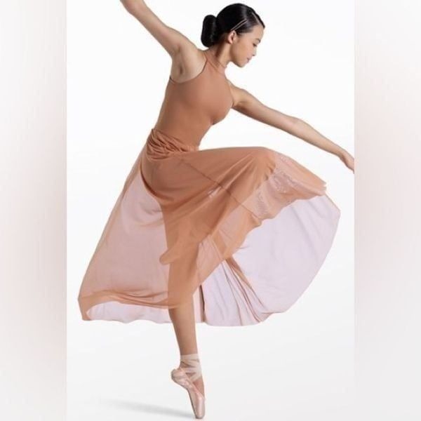 WEISSMAN Dance Costume tan beige maxi dress Fade To Black 13366 adult MA