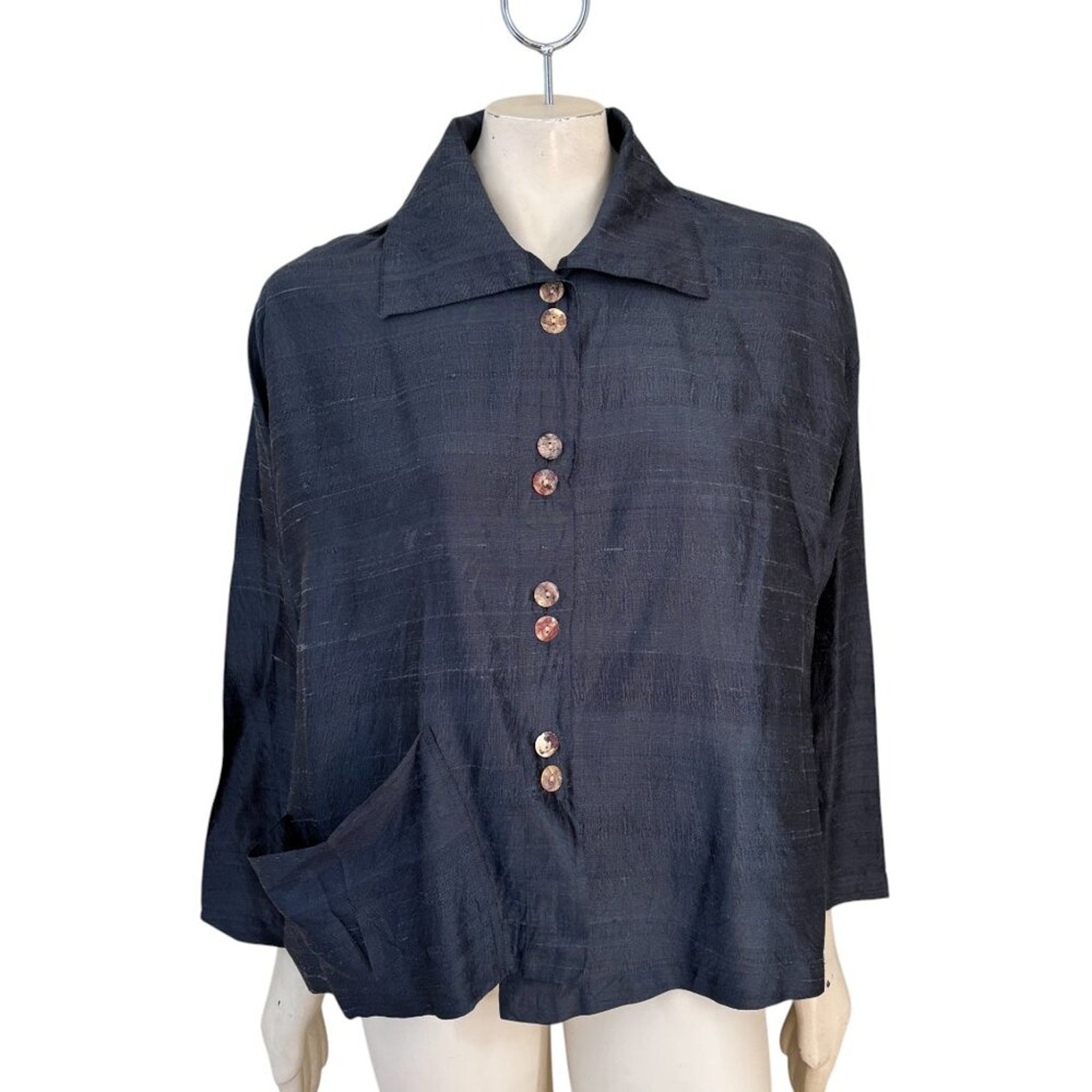 ANU by NATURAL Raw Silk Asymmetric Pocket Shirt Gray Lagenlook Artsy WOMEN'S XL