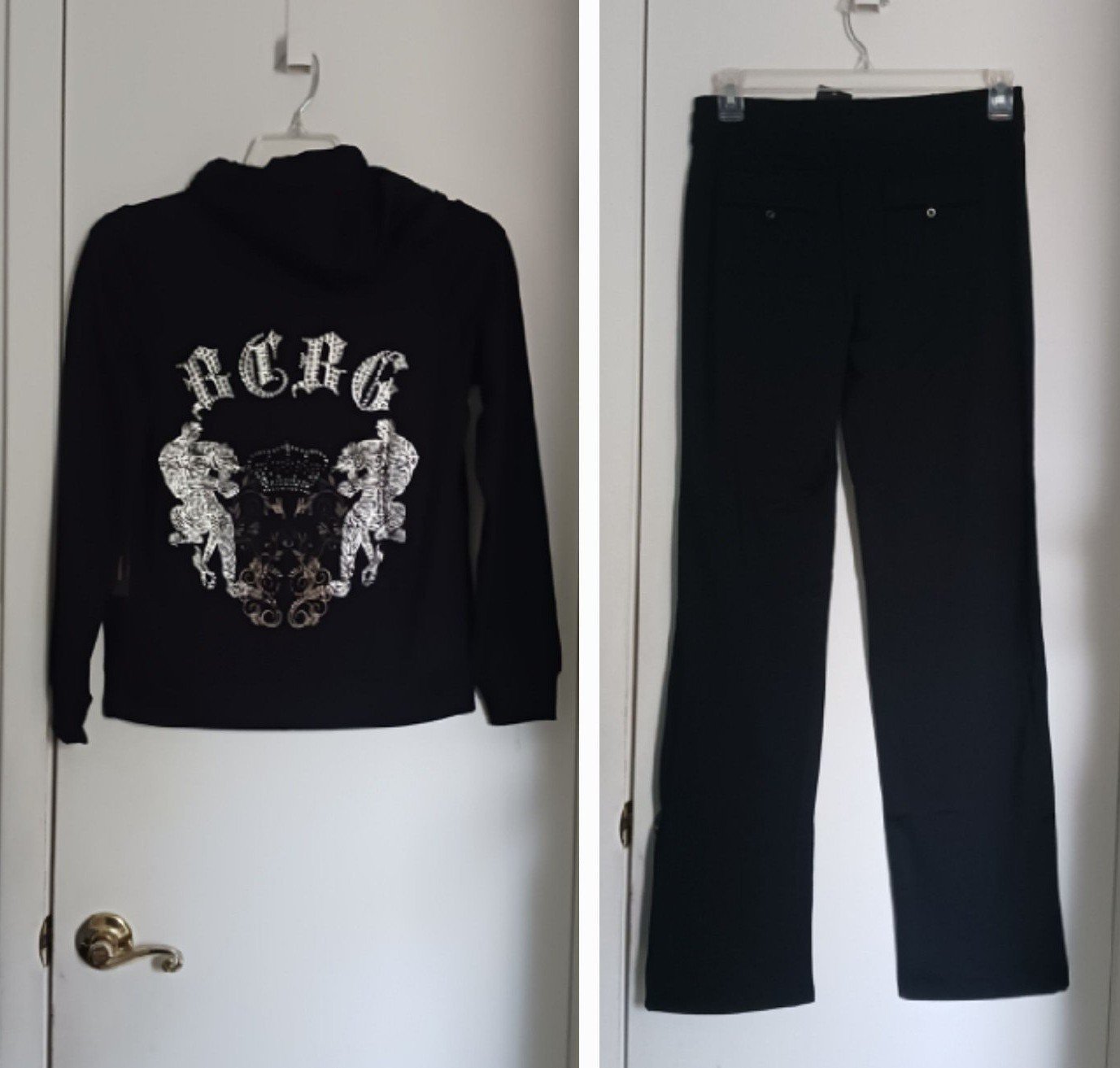 BCBG Maxazria Black/Silver Fleece Full-Zip Hoodie & Pants Tracksuit Sz M