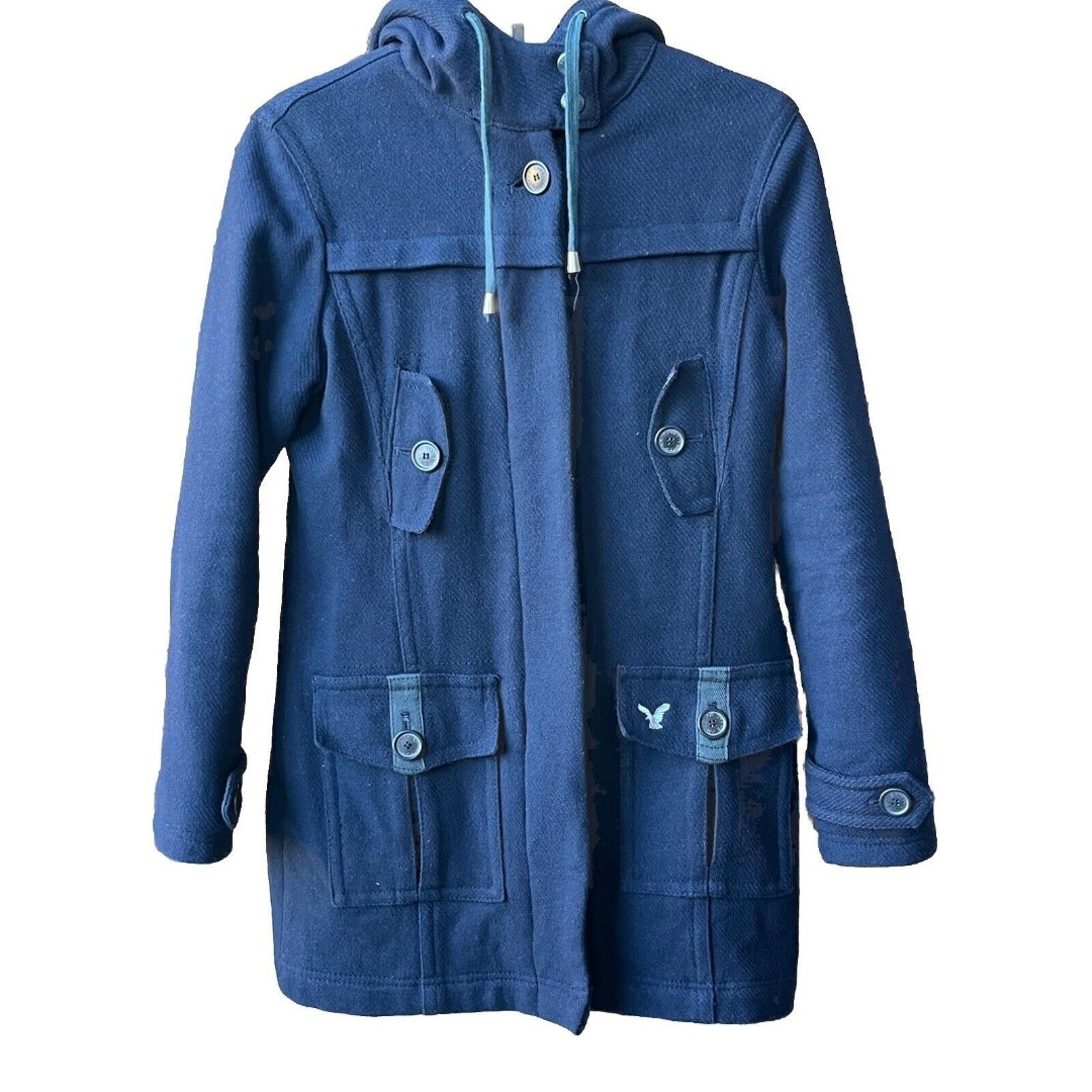 American Eagle Women's Small Coat Blue Wool Blend Lined Hooded Quilted Pea Coat