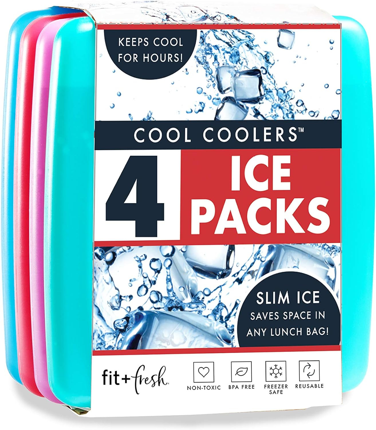 Cool Coolers by Fit & Fresh 4 Pack Slim Ice Packs, Quick Freeze Space Saving Reu