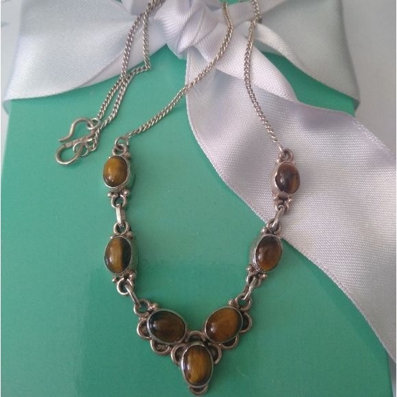 Sterling Silver + Tigers Eye V shaped Station Necklace, 18