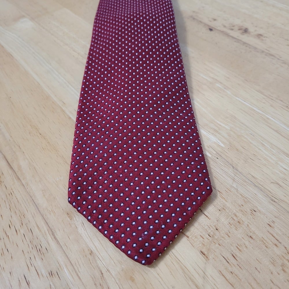Best of Class Silk Necktie Burgundy Red White Dot Pattern Hand Made USA