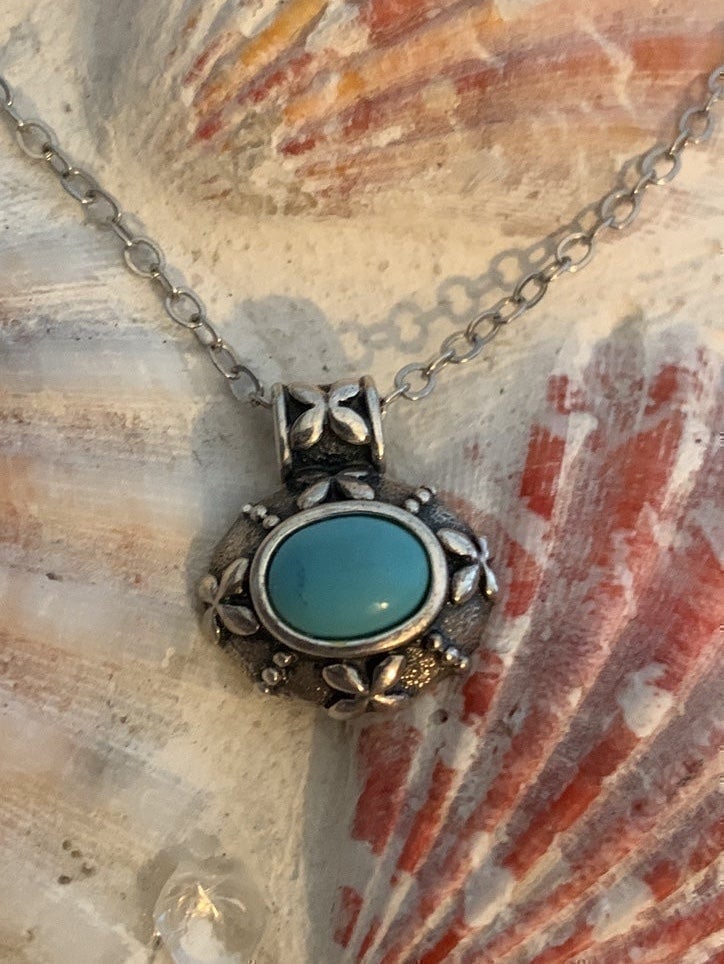 NATIVE/VINTAGE - Turquoise E To W Set Oval Turquoise Ornate Necklace, Stamped