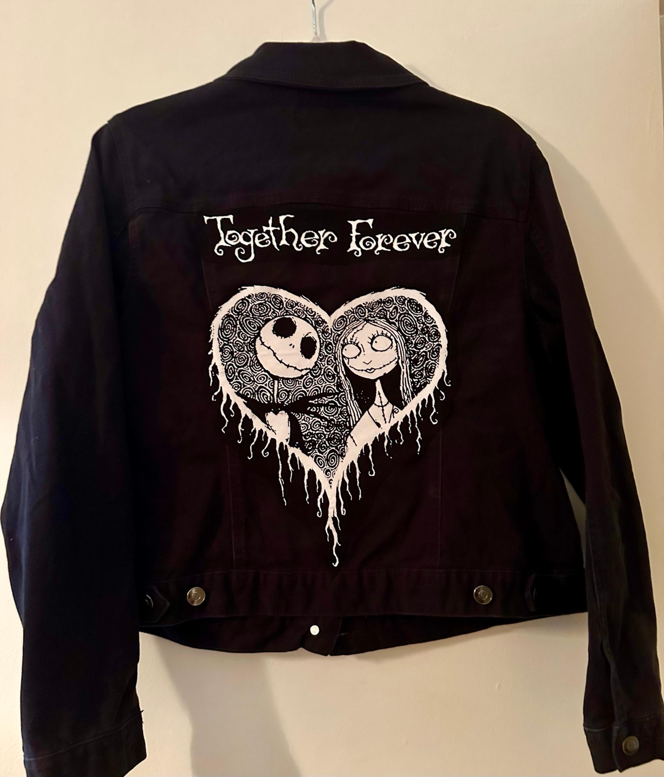 JACK n SALLY Nightmare before Christmas upcycled Jean jacket L Heart Valentines