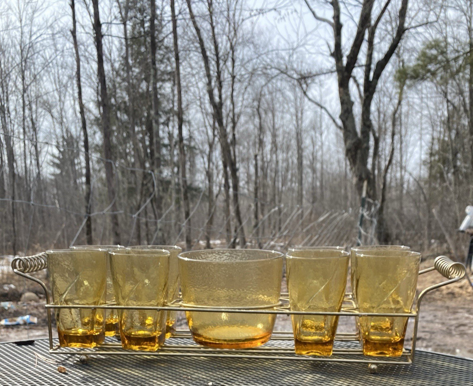 Vintage MCM Mid Century Modern Glass Set W/ Ice Bucket And Carrier- Gold Amber