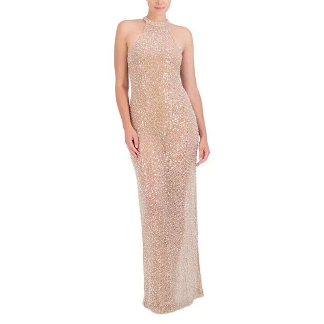 BCBGMAXAZRIA Sequin Mock Neck Long Dress, Café Au Lait, Size 0