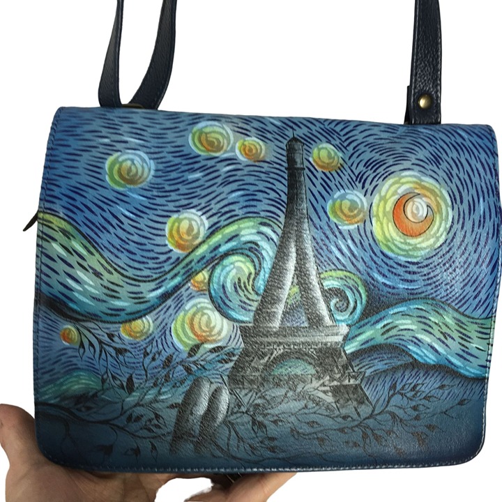 Anuschka LIKE NEW Handpainted Leather Crossbody Bag Flap Starry Night in Paris