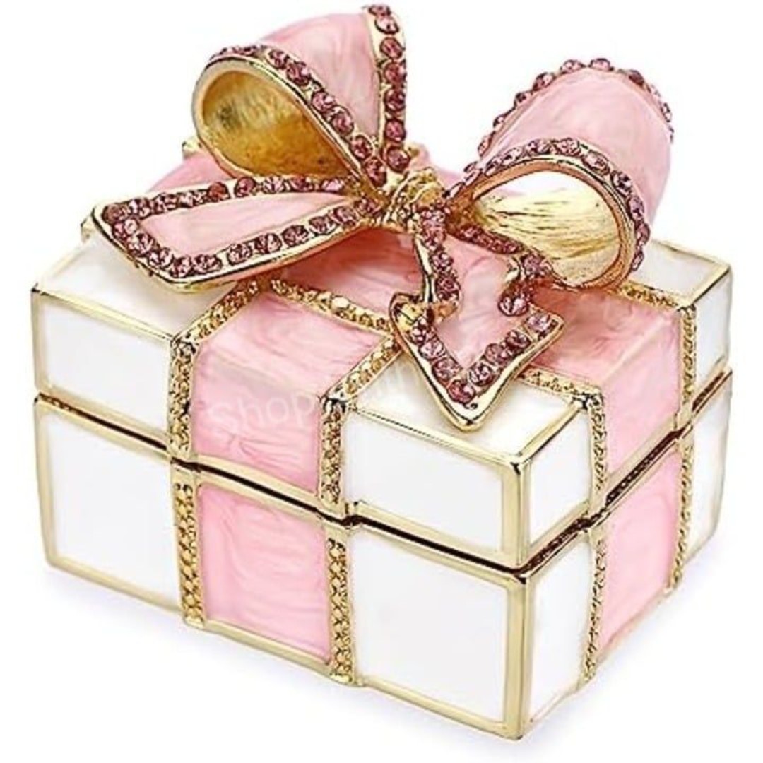 Trinket Box, Bow-knot Gift Box Style Hinged Jewelry Box Vintage Metal Enameled
