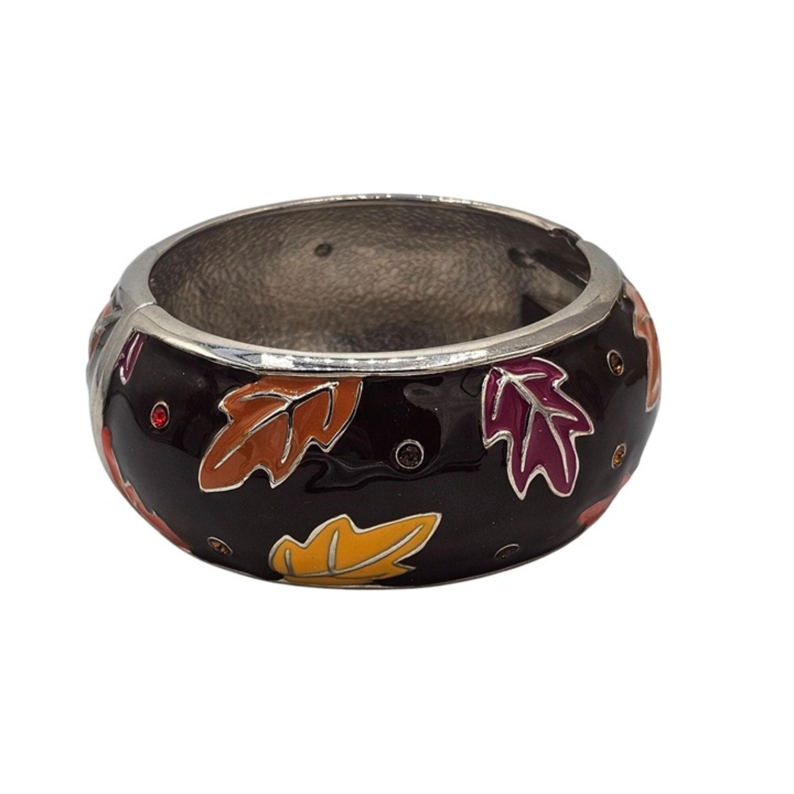 Brown Hinged Bangle Bracelet Colorful Fall Leaf Foliage Motif Wide Autumn
