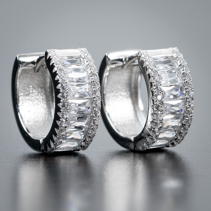 Fully Iced Mens Small 925 Sterling Silver Cz Baguette Huggie Hoop Earrings