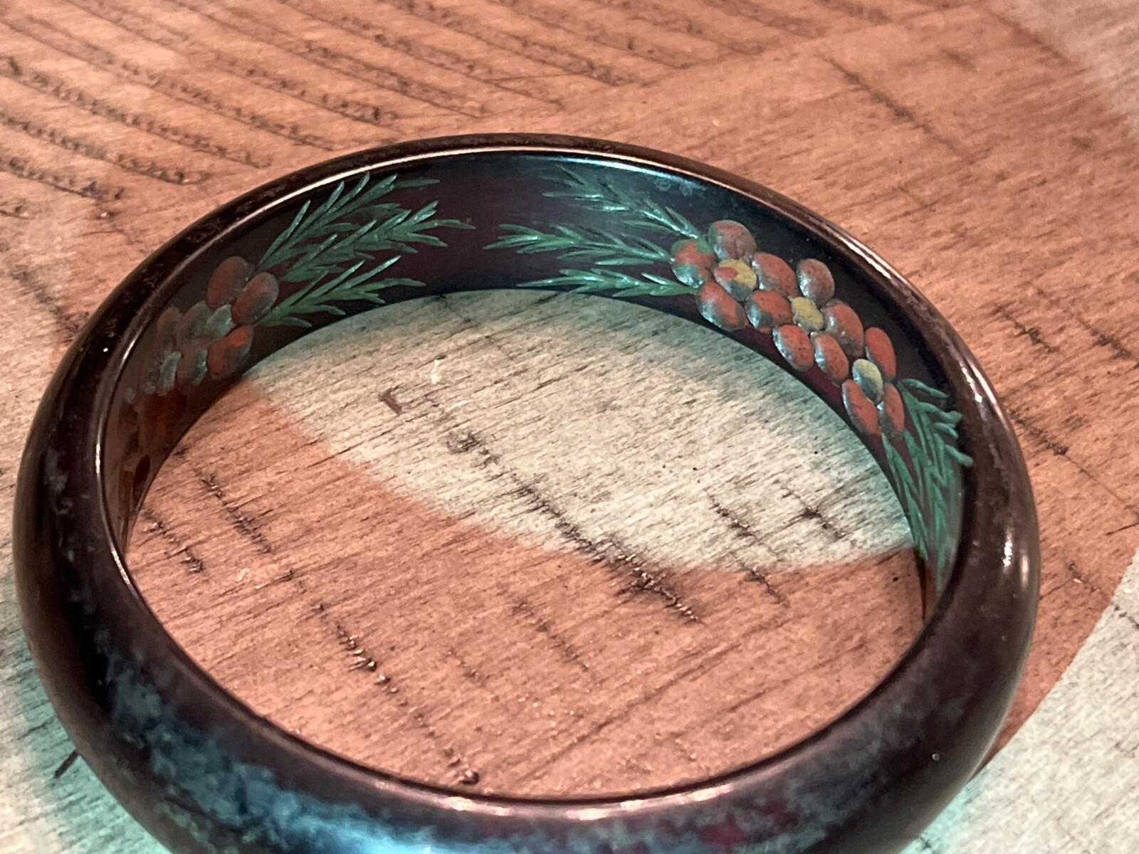 1960s dark cherry bakelite reverse carved enamel berry vine bangle 083022hB@