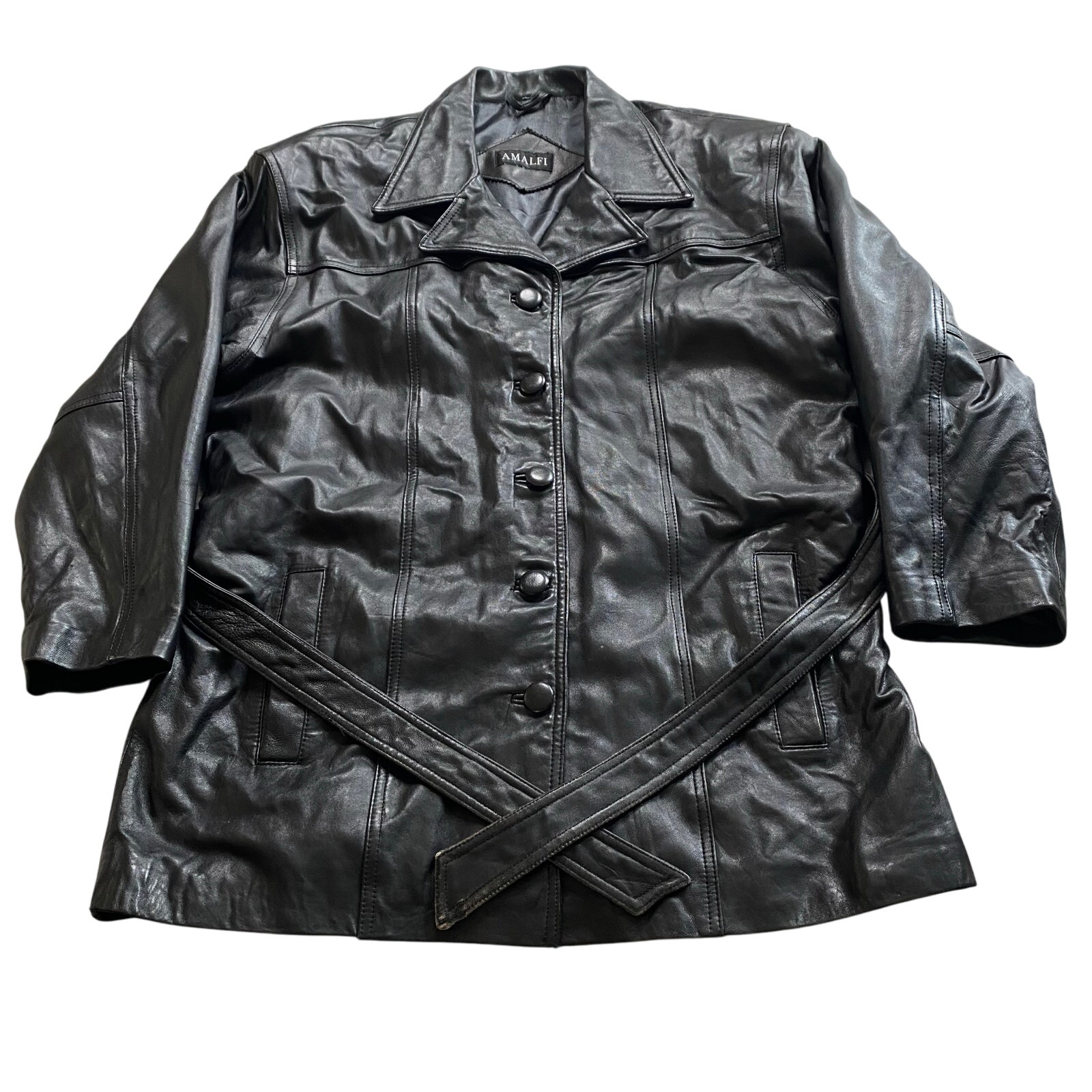 Vintage Amalfi Womens Black 5 Button Leather Coat with Waist Belt Size 27x36.5