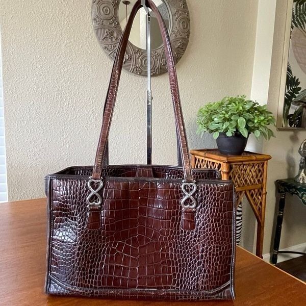 Vintage Brighton Croc Embossed Pattern Leather Shoulder Purse Brown Burgundy