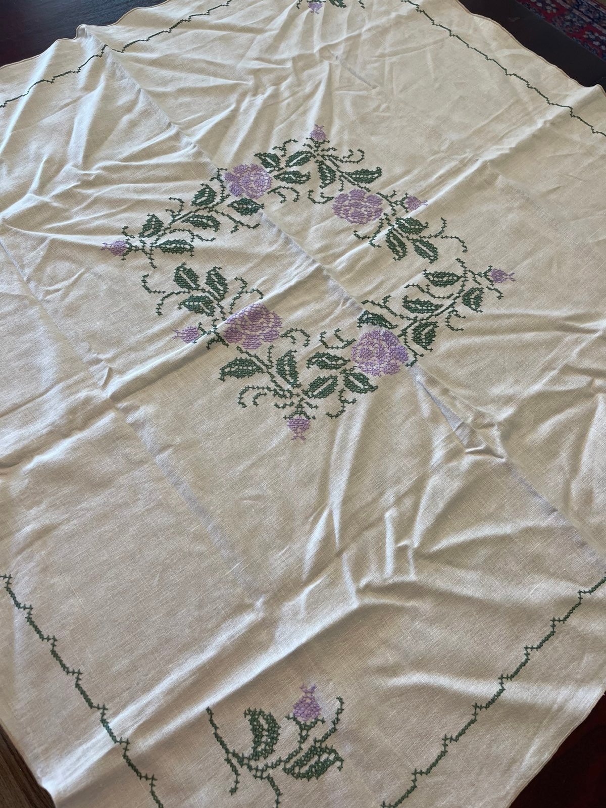 Vintage cotton linen cross stitched tabl