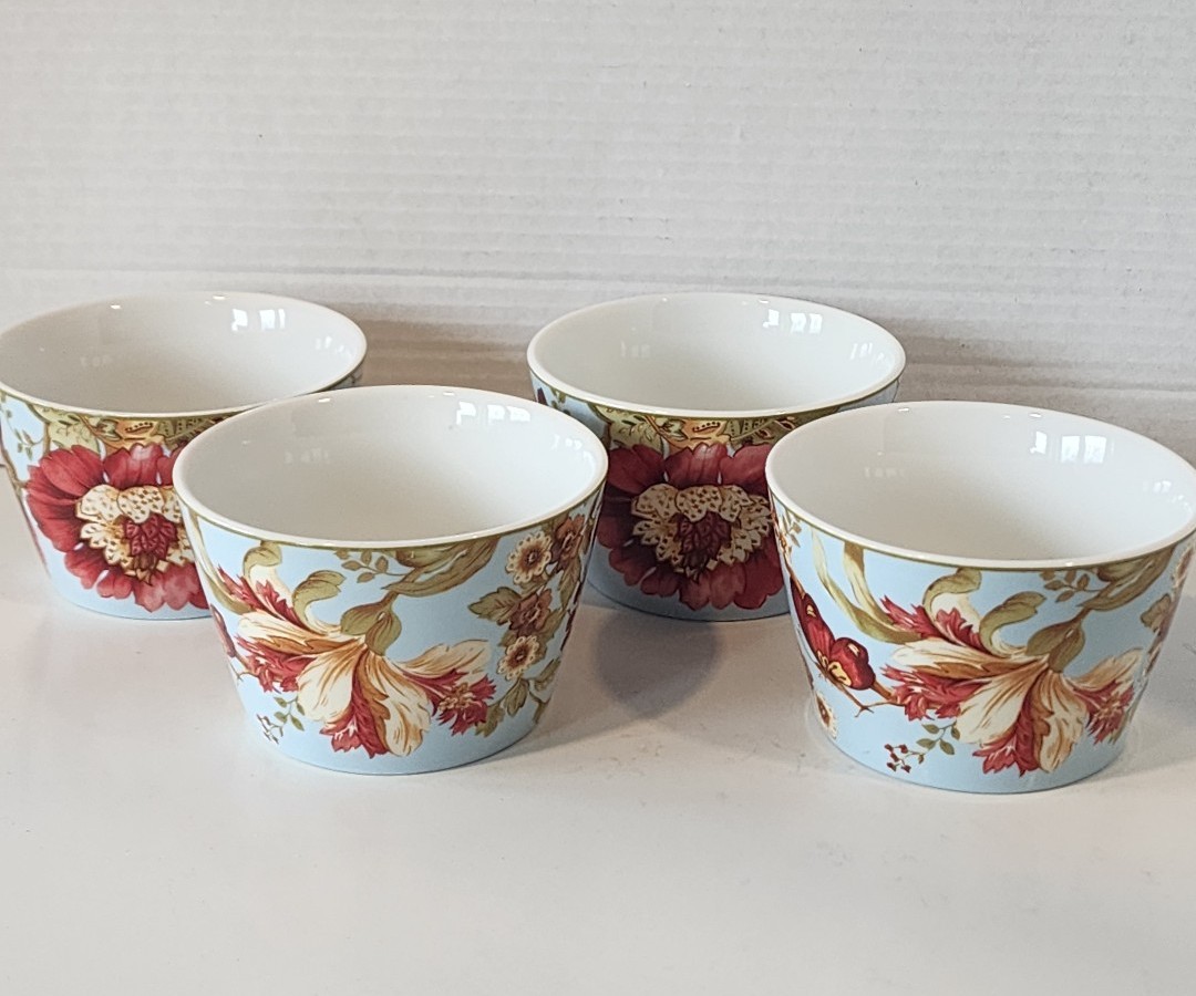 222 Fifth Spring Botanical Turquoise Pattern 4 Appetizer Bowls 4 1/4 x 2 7/8