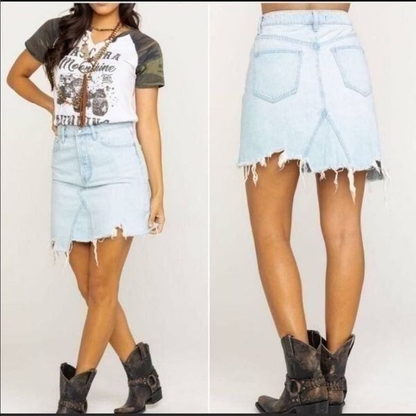 Free People We the Free light denim jean midi a line skirt distressed size 24