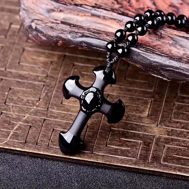 Classic Fashion Obsidian Pendant Necklace Cross Religious Amulet Unisex