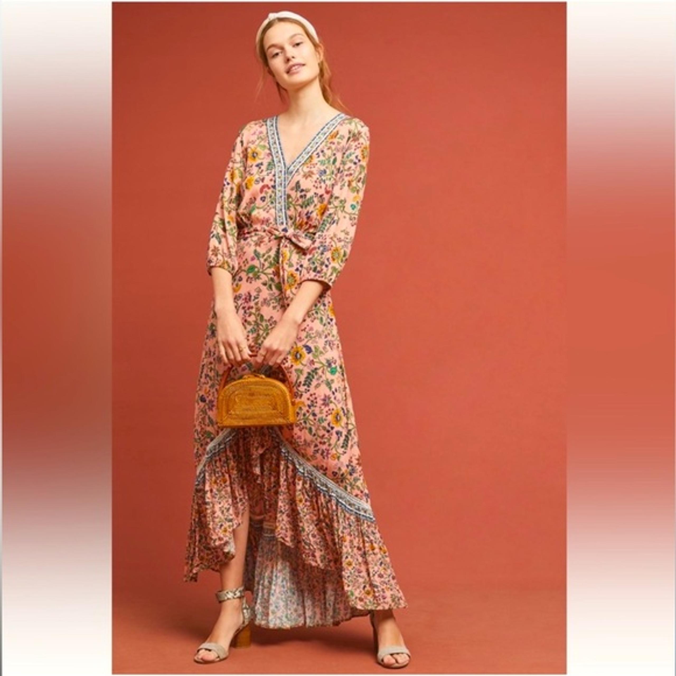 Farm Rio Anthropologie Floral Pink Deep V Wrap Clara Dress Maxi women’s XS