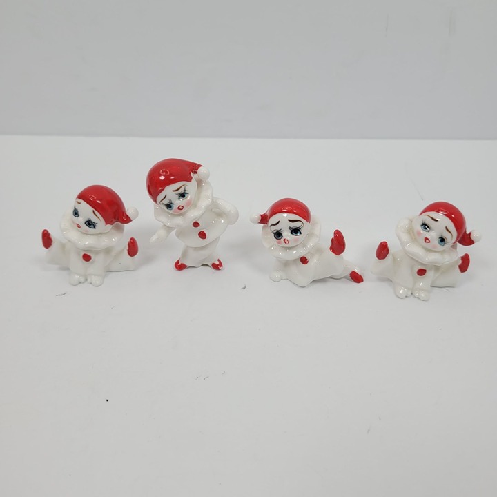 Vintage Miniature Pierrot White Red Figurines Set Of 4