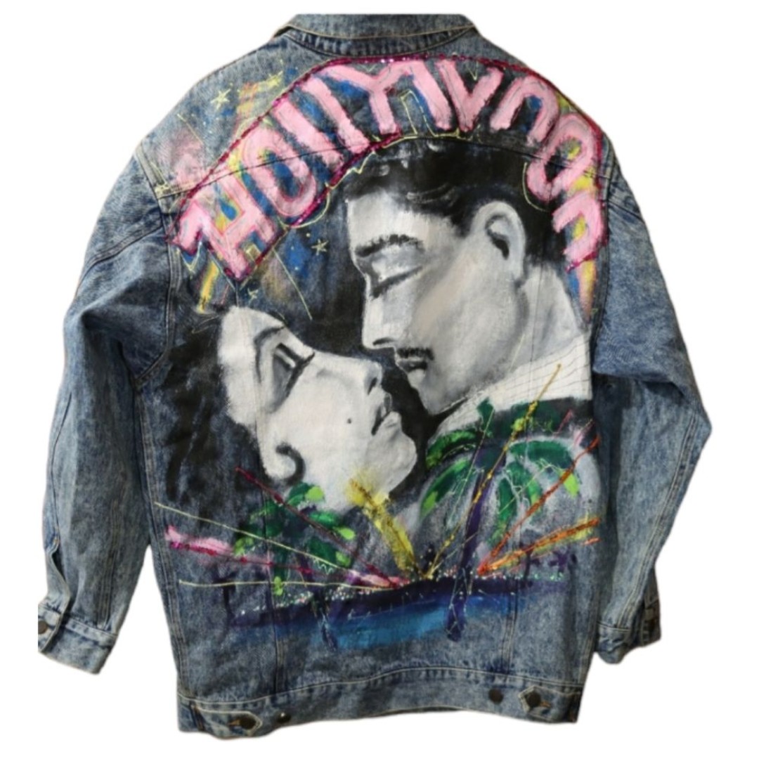 Vintage Sport Deco 80s Denim Jean Jacket Hand Painted Hollywood Fun Crazy Jacket