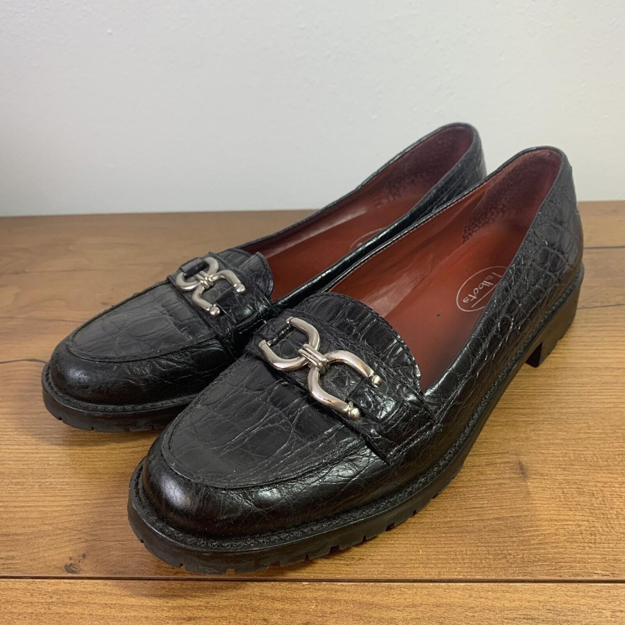 Talbots Women's Loafer Size 7.5 Slip On Flats Black Croc Buckle Strap Lug Sole