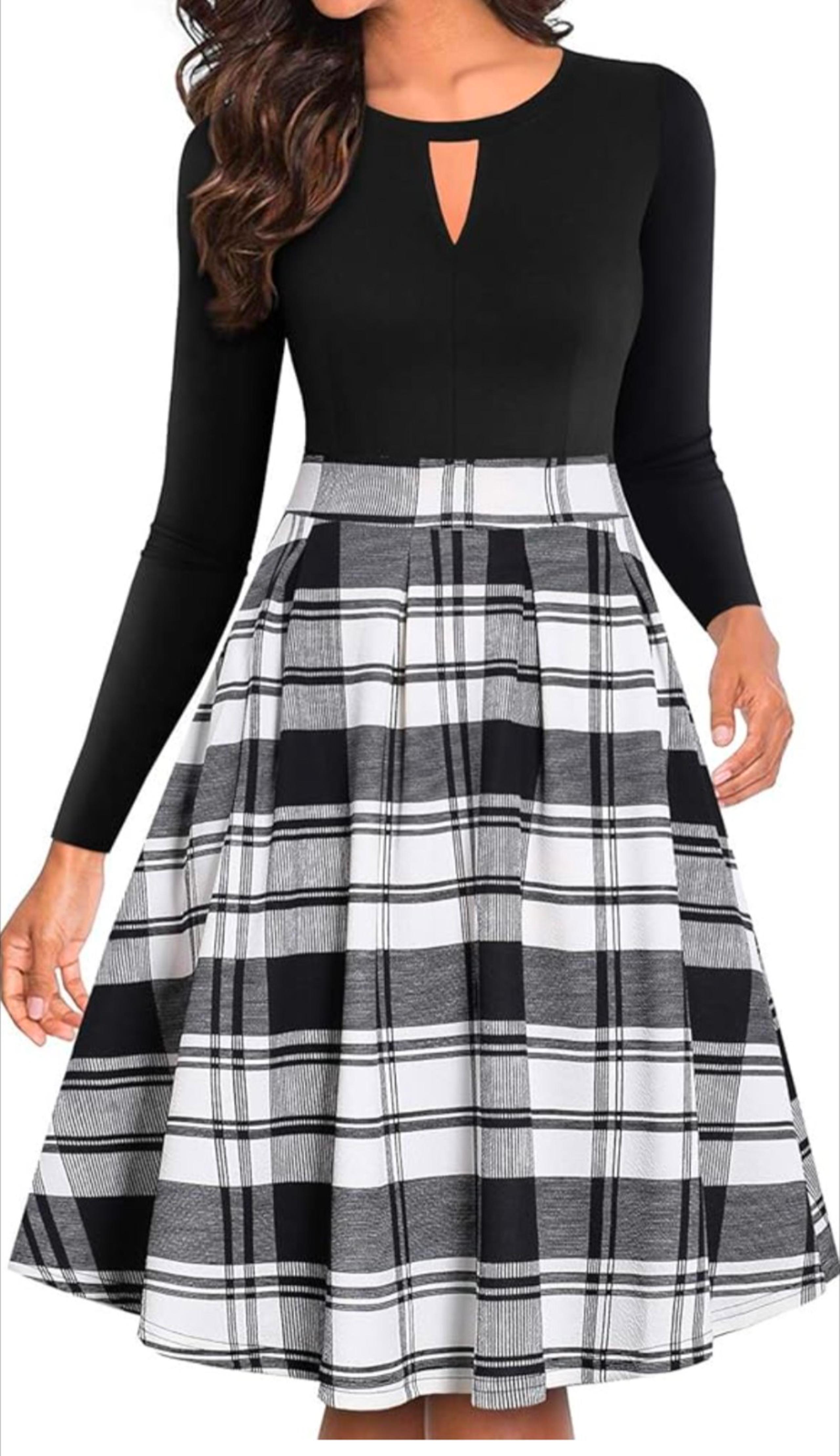 Women's Vintage Plaid Flared A-Line Swing Dress with Pockets, Medium