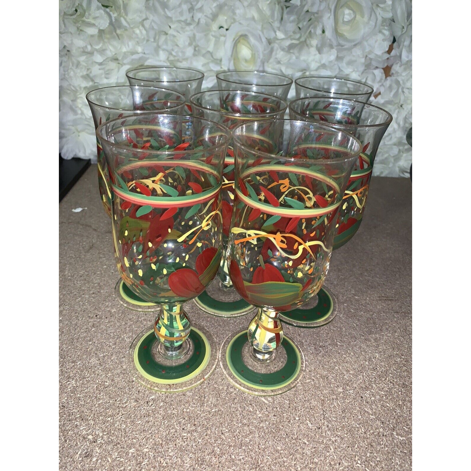 8 Hand Painted Chili Pepper Iced Tea Wine Water Goblets Glasses Stemmed
