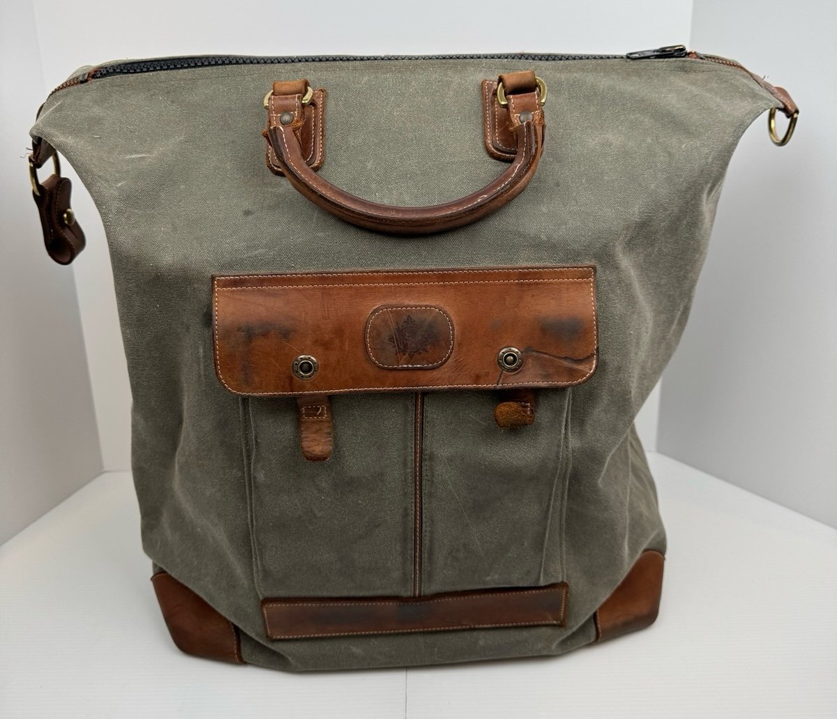 VTG Canvas Leather Trim Filson Style Duffle Bag Rugged Distressed Stained READ