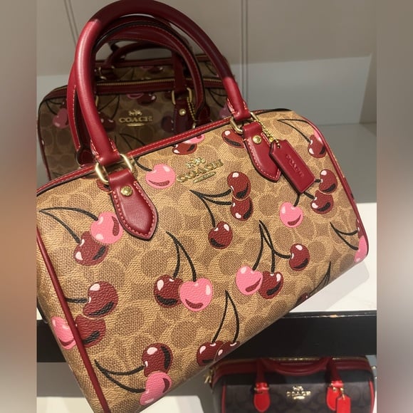 New COACH Rowan Satchel Bag In Signature Canvas Cherry Print CY692 Crossbody