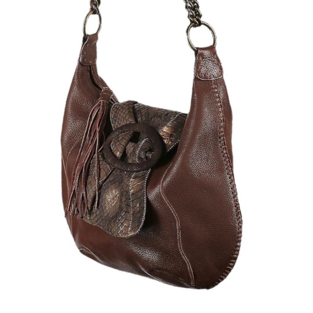 CHI Carlos Falchi Genuine Leather Snakeskin Hobo Shoulder Bag Boho Brown Western