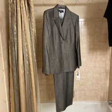 Kasper two-piece pantsuit, charcoal, gray, and cream stripe size 18