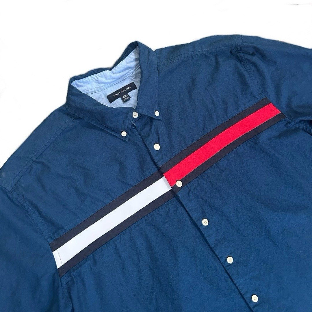 Tommy Hilfiger Men's Long Sleeve Button Down Big Logo Blue Navy Shirt XXL
