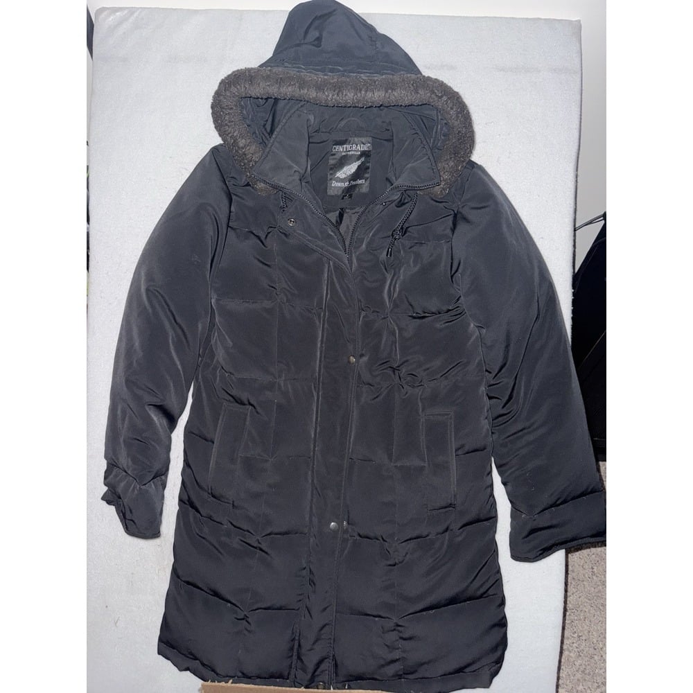 Centigrade Down Feather Puffer Jacket Black Parka Size S Removable Hood Winter