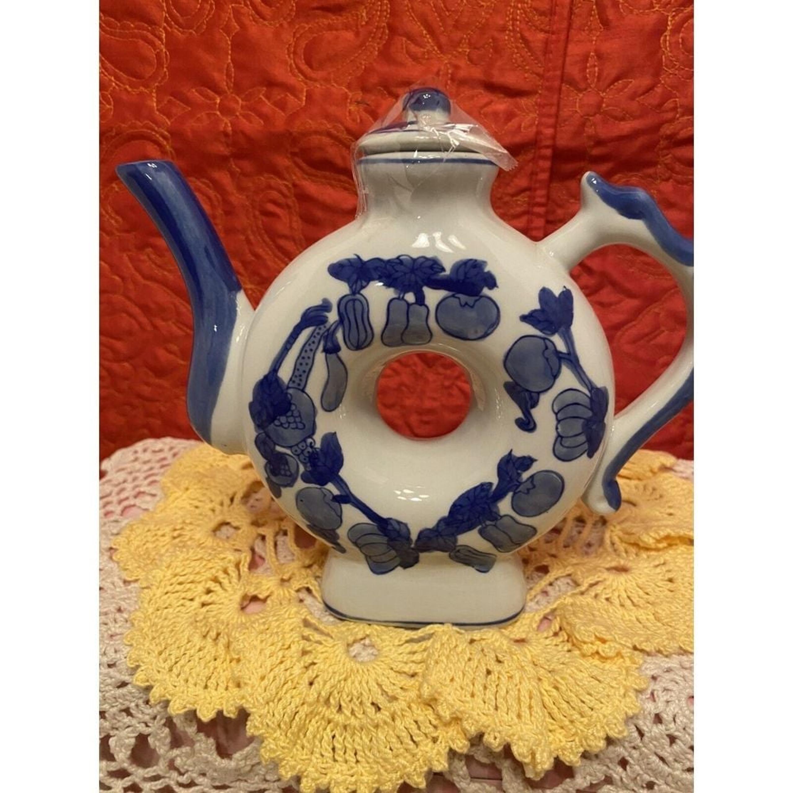 Cobalt Blue Donut Shaped teapot With Lid Vegetable And Fruit Pattern. Mini