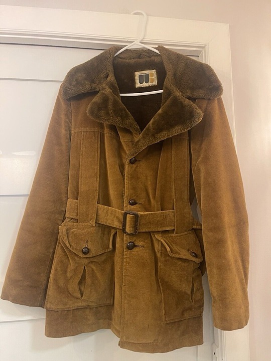 Vintage William Barry Faux Fur Lined Corduroy Belted Jacket Mens Medium 70s
