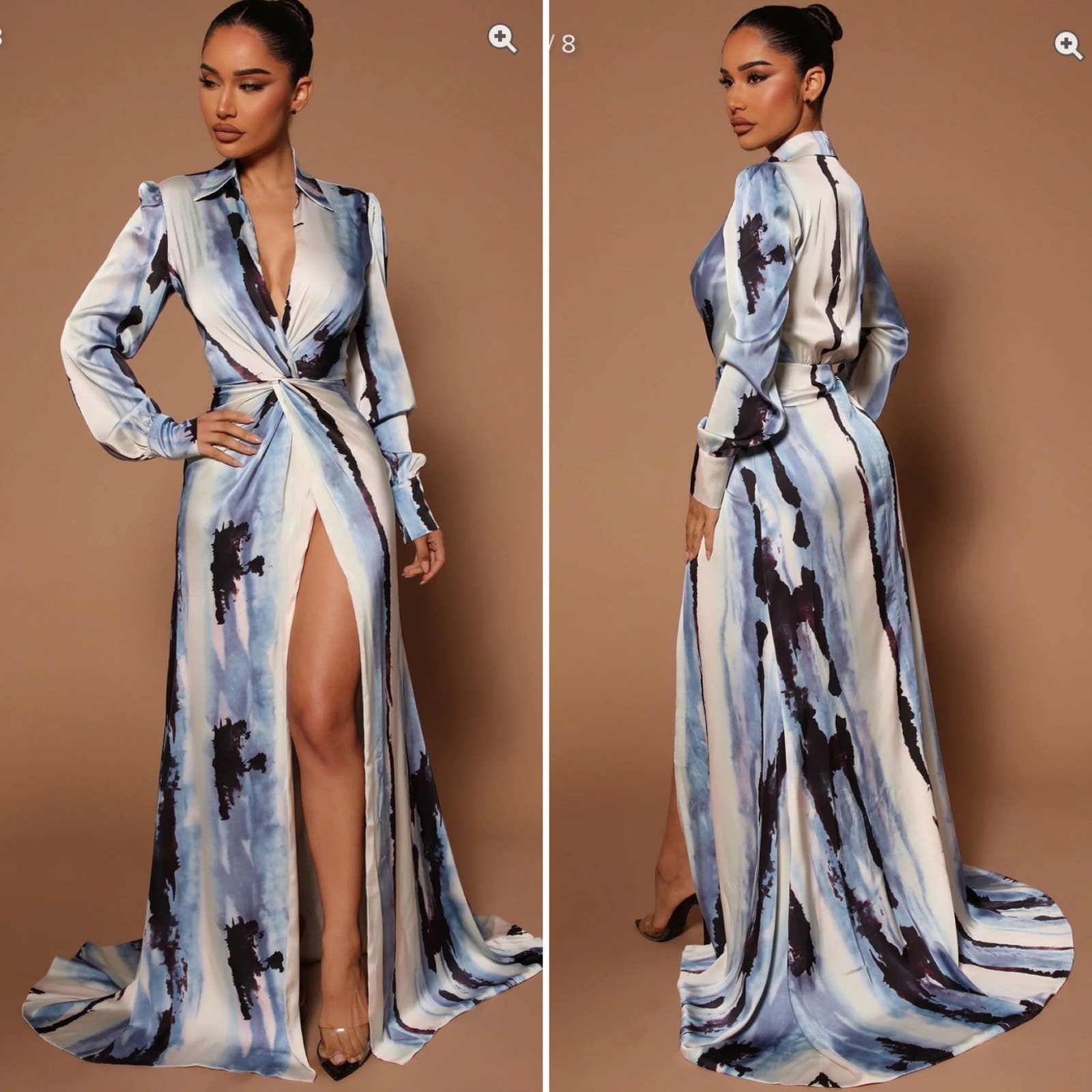 NOVALUXE STUNNING Reign Maxi Satin Fairy Romantic Dress Front Slit Sz XL Deep V