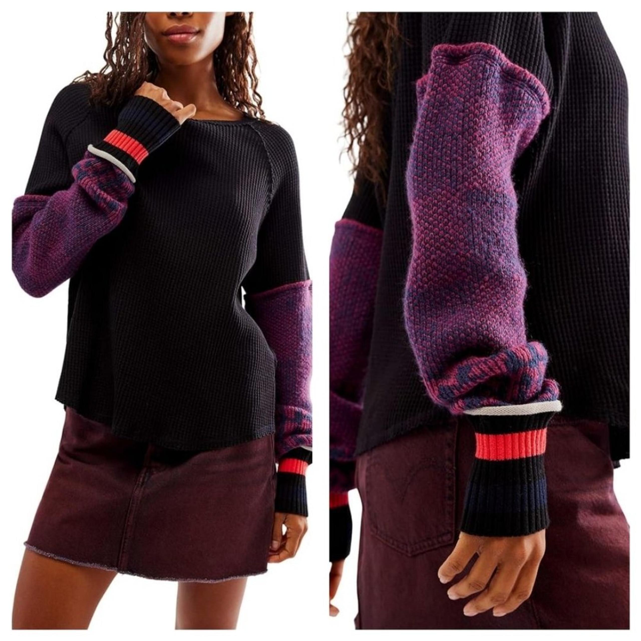 Free People Mod About You Thermal Pullover Sweater XS Black Contrast Cuff Ribbed