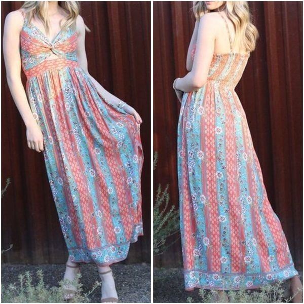 NWT Angie Boho Knot Front Printed Maxi Dress Blue Orange Size Medium