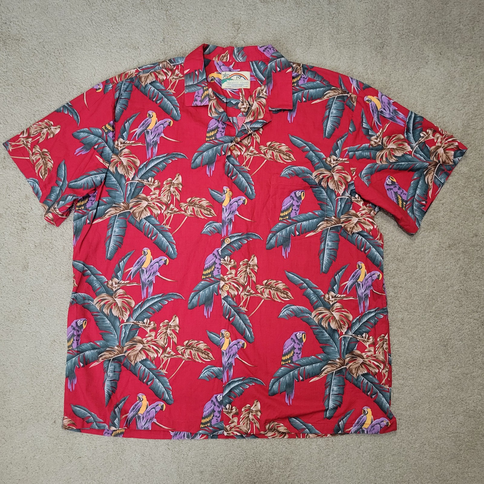 Paradise Found Hawaiian Shirt Cotton Magnum PI Red Parrot Floral USA made XXL