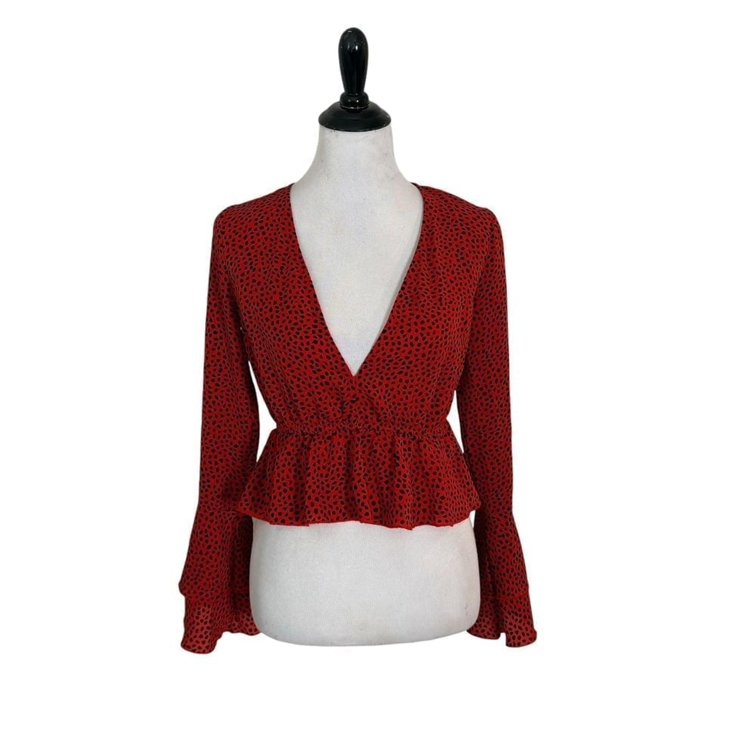 Nasty Gal Red Leopard Print Peplum Top Womens 2 Bell Sleeves Deep V Neck Top