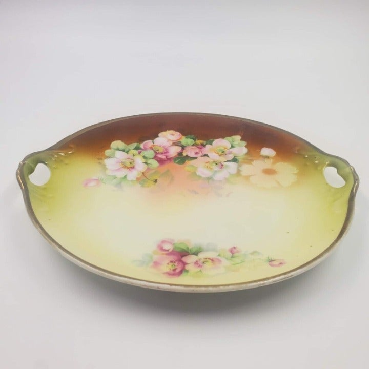 Three Crown China Germany Antique Cake Plate Hand Painted Flowers with Handles