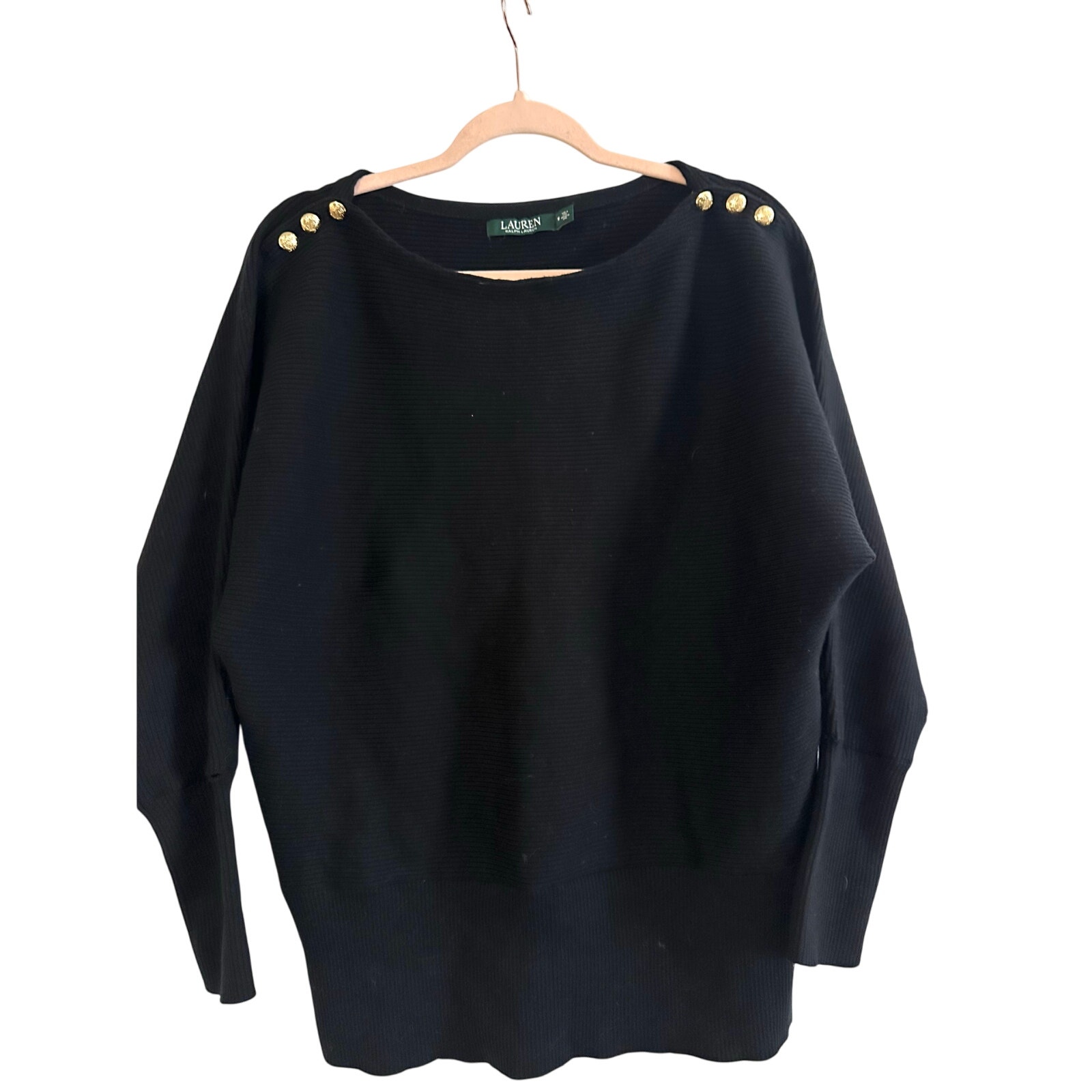 LAUREN RALPH LAUREN Black Boat Neck Rib Knit Trim 3-Button Placket Sz Medium
