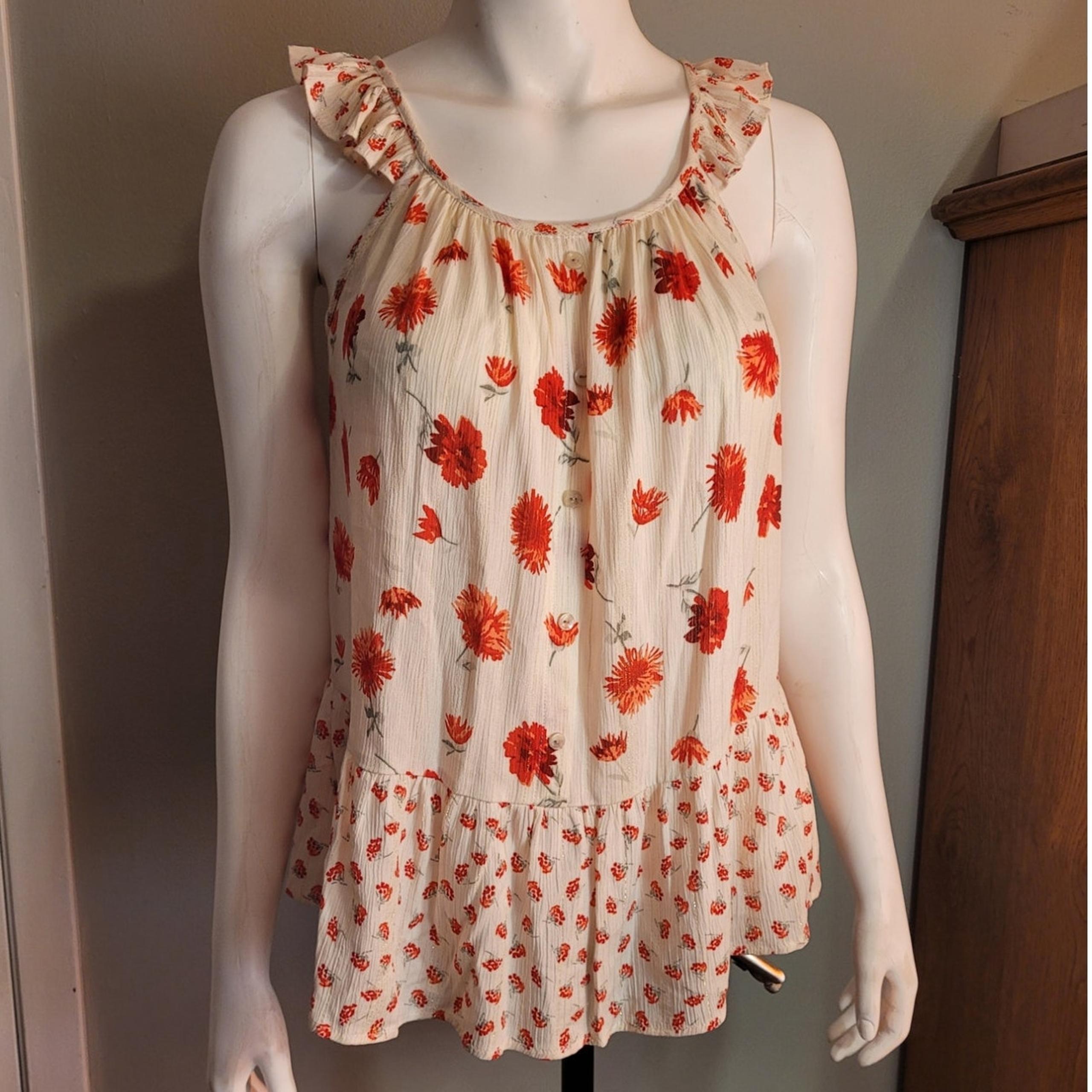 CATO Womens Red Floral Poppies Babydoll Camisole Tank Top Sz XS Gold Shimmer Y2K