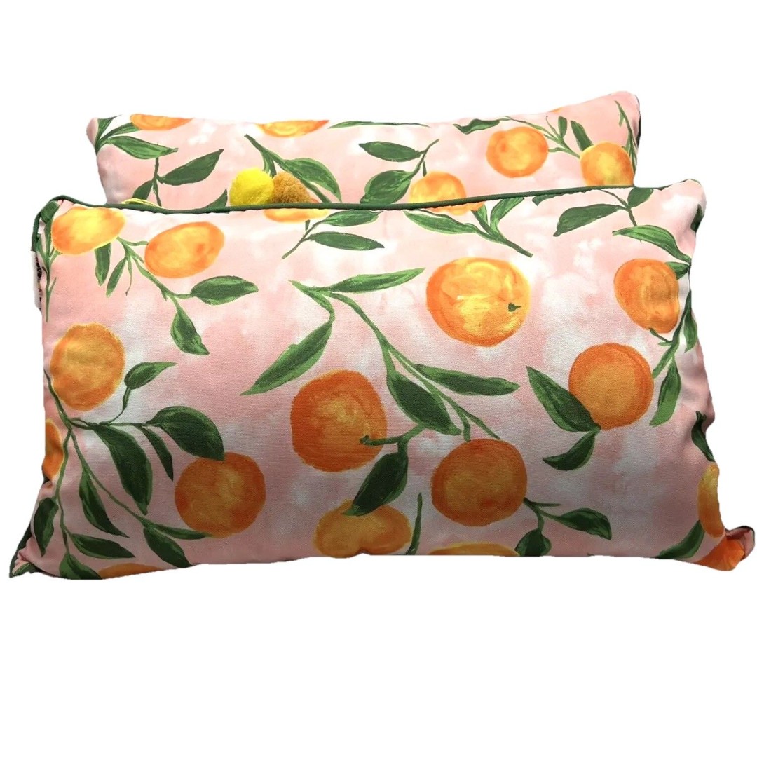 Novogratz Peach Fruit Pillow Set Of 2 Rectangle Pom Zip Water Resistant 20 NEW