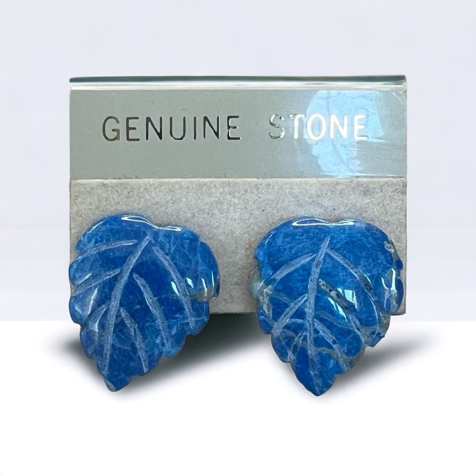 Vintage 80s Lapis Lazuli crystal leaf carved earrings NWT Deadstock NOS